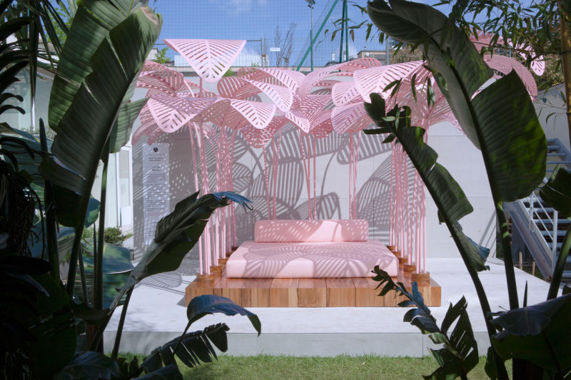 Le Refuge daybeds by Marc Ange come with overhead metal leaves