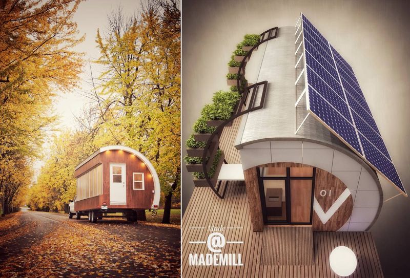 Garden office pod's front and top view