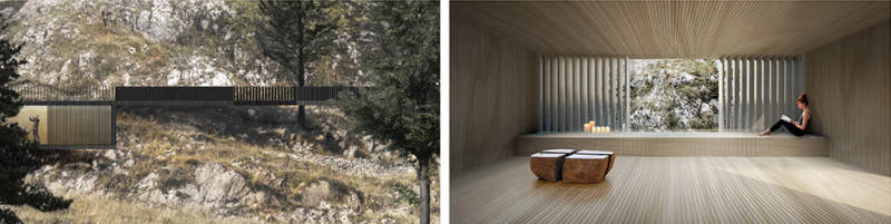 Young Architects Competitions in collaboration with Italian Government invited entries for the Castle Resort competition last year. Young architects and designers of different countries presented unique ideas for transforming the medieval Roccamandolfi castle into a one-of-a-kind holiday destination. Elias Terzitta and Eugenia Bordini of Italian design studio BSoD won the first prize of €10,000 for The Floating Hotel while Italian firms RGB and Vitia won 2nd and 3rd prizes, simultaneously. Every contestant came up with a unique idea but we are featuring the best entries from the competition below. The Floating Hotel by BSoD (1st Prize Winner) Members: Elias Terzitta, Eugenia Bordini Country: Italy This award-winning residential treehouse is elevated from the ground between trees and supported through a sturdy structure. Its design looks inspired from treehouse hotel that looks like floating in the mid air. To get best out of a mountain terrain, the treehouse façade has large glass windows that bring in loads of natural light and merge it with the surrounding area. Sightline by RGB (2nd Prize Winner) Members: Monica Bramanti, Stefano Gatti, Anna Rossi Country: Italy The design team proposed a pathway comprised of entertainment, accommodation and other elements molded into the surrounding landscape of the site. The design team wanted to create a connecting nature-filled pathway that visitors need to cross every time they are going to cabins and castle at the top. There will be black cabins and multi-functional units in between the pathway to the top for reading, relaxing and enjoying the panoramic views. Rest by Vitia (3rd Prize Winner) Members: Marco Testi, Sergio Vedovelli Country: Italy This concept revolves around creating tiny rest cabins where visitors can rest for a while and enjoy the mountain landscape. Over time, these cabins will dilapidate and become a shelter for shepherds and trekkers to the ancient Rocca. In near future, these cabins will also turn into ruins to match with the castle and the surrounding landscape. Pedestal bridge by Aida (Gold Mention Team) Members: Thibaut Etcheverry, Romain Gaillard Country: France In the mission to create a tourist spot, the design team proposed to make a lightweight pedestrian bridge around the fortress that offer exceptional points of view of the prehistoric building to visitors. It will be elevated using less number of supports in order to make less impact on the surrounding environment. Moreover, there will be adjustable prefab shelters for travelers to relax. A landscape of folds by EFesto (Gold Mention Team) Members: Gaia Cella, Gaspar Canepa, Juan Octavio Ferreyra, Aleksandra Lukianova Country: Mexico In this project, the design team proposed to create a meandering corridor that can be used to navigate through the resort. Along with the walking platform, there will be hotel rooms, library, and restaurant in deep serenity. The cabins are integrated into the landscape to offer tranquility without disturbing natural beauty of the site. Bulb-shaped cabins by Alessandro De Nigris (Gold Mention Team) Members: Alessandro De Nigris, Marco Ansalone Country: Italy This project tries to establish a relation between architecture and nature. The design team has thought of placing bulb-shaped structures all around the construction site so that visitors have full freedom to stay at desired locations. New Castle Resort by Gregory De Giacomi (Gold Mention Team) Members: Gregory De Giacomi Country: Italy The designer’s approach is to place main accommodations as a single recognizable building while Castle apartments, treehouse hotels, and tiny landscape hotels are meant to be hidden from the immediate sight so that guests have to search for them. A plinth and pavilion on the top are two simple additions to connect all things together with the ruined castle.