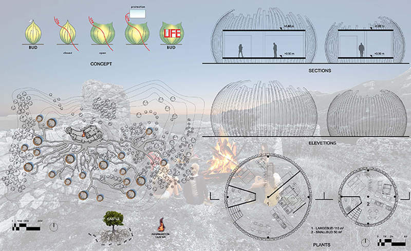Young Architects Competitions in collaboration with Italian Government invited entries for the Castle Resort competition last year. Young architects and designers of different countries presented unique ideas for transforming the medieval Roccamandolfi castle into a one-of-a-kind holiday destination. Elias Terzitta and Eugenia Bordini of Italian design studio BSoD won the first prize of €10,000 for The Floating Hotel while Italian firms RGB and Vitia won 2nd and 3rd prizes, simultaneously. Every contestant came up with a unique idea but we are featuring the best entries from the competition below. The Floating Hotel by BSoD (1st Prize Winner) Members: Elias Terzitta, Eugenia Bordini Country: Italy This award-winning residential treehouse is elevated from the ground between trees and supported through a sturdy structure. Its design looks inspired from treehouse hotel that looks like floating in the mid air. To get best out of a mountain terrain, the treehouse façade has large glass windows that bring in loads of natural light and merge it with the surrounding area. Sightline by RGB (2nd Prize Winner) Members: Monica Bramanti, Stefano Gatti, Anna Rossi Country: Italy The design team proposed a pathway comprised of entertainment, accommodation and other elements molded into the surrounding landscape of the site. The design team wanted to create a connecting nature-filled pathway that visitors need to cross every time they are going to cabins and castle at the top. There will be black cabins and multi-functional units in between the pathway to the top for reading, relaxing and enjoying the panoramic views. Rest by Vitia (3rd Prize Winner) Members: Marco Testi, Sergio Vedovelli Country: Italy This concept revolves around creating tiny rest cabins where visitors can rest for a while and enjoy the mountain landscape. Over time, these cabins will dilapidate and become a shelter for shepherds and trekkers to the ancient Rocca. In near future, these cabins will also turn into ruins to match with the castle and the surrounding landscape. Pedestal bridge by Aida (Gold Mention Team) Members: Thibaut Etcheverry, Romain Gaillard Country: France In the mission to create a tourist spot, the design team proposed to make a lightweight pedestrian bridge around the fortress that offer exceptional points of view of the prehistoric building to visitors. It will be elevated using less number of supports in order to make less impact on the surrounding environment. Moreover, there will be adjustable prefab shelters for travelers to relax. A landscape of folds by EFesto (Gold Mention Team) Members: Gaia Cella, Gaspar Canepa, Juan Octavio Ferreyra, Aleksandra Lukianova Country: Mexico In this project, the design team proposed to create a meandering corridor that can be used to navigate through the resort. Along with the walking platform, there will be hotel rooms, library, and restaurant in deep serenity. The cabins are integrated into the landscape to offer tranquility without disturbing natural beauty of the site. Bulb-shaped cabins by Alessandro De Nigris (Gold Mention Team) Members: Alessandro De Nigris, Marco Ansalone Country: Italy This project tries to establish a relation between architecture and nature. The design team has thought of placing bulb-shaped structures all around the construction site so that visitors have full freedom to stay at desired locations. New Castle Resort by Gregory De Giacomi (Gold Mention Team) Members: Gregory De Giacomi Country: Italy The designer’s approach is to place main accommodations as a single recognizable building while Castle apartments, treehouse hotels, and tiny landscape hotels are meant to be hidden from the immediate sight so that guests have to search for them. A plinth and pavilion on the top are two simple additions to connect all things together with the ruined castle.