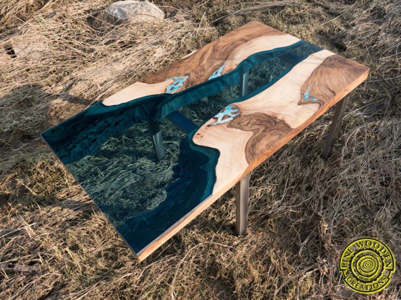 Delta live edge walnut wood slab river coffee table by Fine Wooden Creations