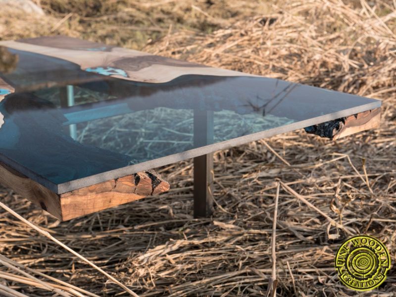 Delta live edge walnut wood slab river coffee table by Fine Wooden Creations