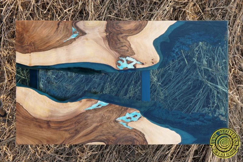 Delta live edge walnut wood slab river coffee table by Fine Wooden Creations