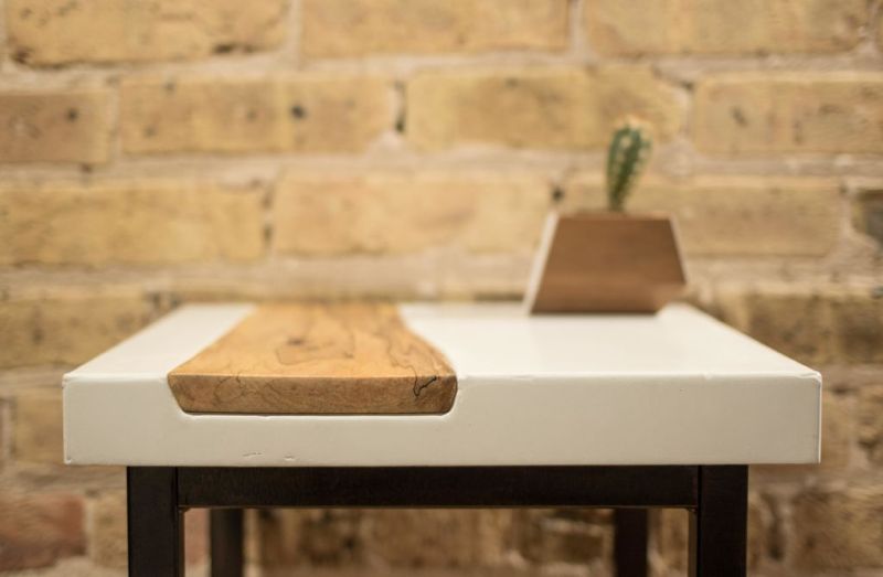 Modustrial Maker’s DIY white concrete side table with live edge maple wood inlay