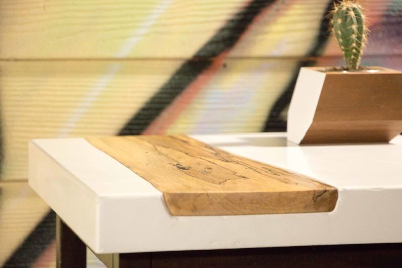 Modustrial Maker’s DIY white concrete side table with live edge maple wood inlay
