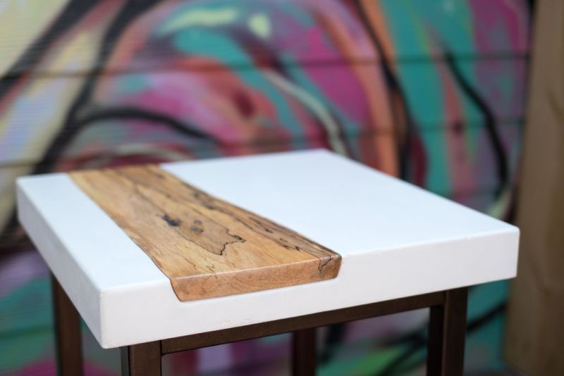 Modustrial Maker’s DIY white concrete side table with live edge maple wood inlay