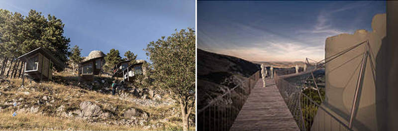 Young Architects Competitions in collaboration with Italian Government invited entries for the Castle Resort competition last year. Young architects and designers of different countries presented unique ideas for transforming the medieval Roccamandolfi castle into a one-of-a-kind holiday destination. Elias Terzitta and Eugenia Bordini of Italian design studio BSoD won the first prize of €10,000 for The Floating Hotel while Italian firms RGB and Vitia won 2nd and 3rd prizes, simultaneously. Every contestant came up with a unique idea but we are featuring the best entries from the competition below. The Floating Hotel by BSoD (1st Prize Winner) Members: Elias Terzitta, Eugenia Bordini Country: Italy This award-winning residential treehouse is elevated from the ground between trees and supported through a sturdy structure. Its design looks inspired from treehouse hotel that looks like floating in the mid air. To get best out of a mountain terrain, the treehouse façade has large glass windows that bring in loads of natural light and merge it with the surrounding area. Sightline by RGB (2nd Prize Winner) Members: Monica Bramanti, Stefano Gatti, Anna Rossi Country: Italy The design team proposed a pathway comprised of entertainment, accommodation and other elements molded into the surrounding landscape of the site. The design team wanted to create a connecting nature-filled pathway that visitors need to cross every time they are going to cabins and castle at the top. There will be black cabins and multi-functional units in between the pathway to the top for reading, relaxing and enjoying the panoramic views. Rest by Vitia (3rd Prize Winner) Members: Marco Testi, Sergio Vedovelli Country: Italy This concept revolves around creating tiny rest cabins where visitors can rest for a while and enjoy the mountain landscape. Over time, these cabins will dilapidate and become a shelter for shepherds and trekkers to the ancient Rocca. In near future, these cabins will also turn into ruins to match with the castle and the surrounding landscape. Pedestal bridge by Aida (Gold Mention Team) Members: Thibaut Etcheverry, Romain Gaillard Country: France In the mission to create a tourist spot, the design team proposed to make a lightweight pedestrian bridge around the fortress that offer exceptional points of view of the prehistoric building to visitors. It will be elevated using less number of supports in order to make less impact on the surrounding environment. Moreover, there will be adjustable prefab shelters for travelers to relax. A landscape of folds by EFesto (Gold Mention Team) Members: Gaia Cella, Gaspar Canepa, Juan Octavio Ferreyra, Aleksandra Lukianova Country: Mexico In this project, the design team proposed to create a meandering corridor that can be used to navigate through the resort. Along with the walking platform, there will be hotel rooms, library, and restaurant in deep serenity. The cabins are integrated into the landscape to offer tranquility without disturbing natural beauty of the site. Bulb-shaped cabins by Alessandro De Nigris (Gold Mention Team) Members: Alessandro De Nigris, Marco Ansalone Country: Italy This project tries to establish a relation between architecture and nature. The design team has thought of placing bulb-shaped structures all around the construction site so that visitors have full freedom to stay at desired locations. New Castle Resort by Gregory De Giacomi (Gold Mention Team) Members: Gregory De Giacomi Country: Italy The designer’s approach is to place main accommodations as a single recognizable building while Castle apartments, treehouse hotels, and tiny landscape hotels are meant to be hidden from the immediate sight so that guests have to search for them. A plinth and pavilion on the top are two simple additions to connect all things together with the ruined castle.