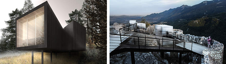 Young Architects Competitions in collaboration with Italian Government invited entries for the Castle Resort competition last year. Young architects and designers of different countries presented unique ideas for transforming the medieval Roccamandolfi castle into a one-of-a-kind holiday destination. Elias Terzitta and Eugenia Bordini of Italian design studio BSoD won the first prize of €10,000 for The Floating Hotel while Italian firms RGB and Vitia won 2nd and 3rd prizes, simultaneously. Every contestant came up with a unique idea but we are featuring the best entries from the competition below. The Floating Hotel by BSoD (1st Prize Winner) Members: Elias Terzitta, Eugenia Bordini Country: Italy This award-winning residential treehouse is elevated from the ground between trees and supported through a sturdy structure. Its design looks inspired from treehouse hotel that looks like floating in the mid air. To get best out of a mountain terrain, the treehouse façade has large glass windows that bring in loads of natural light and merge it with the surrounding area. Sightline by RGB (2nd Prize Winner) Members: Monica Bramanti, Stefano Gatti, Anna Rossi Country: Italy The design team proposed a pathway comprised of entertainment, accommodation and other elements molded into the surrounding landscape of the site. The design team wanted to create a connecting nature-filled pathway that visitors need to cross every time they are going to cabins and castle at the top. There will be black cabins and multi-functional units in between the pathway to the top for reading, relaxing and enjoying the panoramic views. Rest by Vitia (3rd Prize Winner) Members: Marco Testi, Sergio Vedovelli Country: Italy This concept revolves around creating tiny rest cabins where visitors can rest for a while and enjoy the mountain landscape. Over time, these cabins will dilapidate and become a shelter for shepherds and trekkers to the ancient Rocca. In near future, these cabins will also turn into ruins to match with the castle and the surrounding landscape. Pedestal bridge by Aida (Gold Mention Team) Members: Thibaut Etcheverry, Romain Gaillard Country: France In the mission to create a tourist spot, the design team proposed to make a lightweight pedestrian bridge around the fortress that offer exceptional points of view of the prehistoric building to visitors. It will be elevated using less number of supports in order to make less impact on the surrounding environment. Moreover, there will be adjustable prefab shelters for travelers to relax. A landscape of folds by EFesto (Gold Mention Team) Members: Gaia Cella, Gaspar Canepa, Juan Octavio Ferreyra, Aleksandra Lukianova Country: Mexico In this project, the design team proposed to create a meandering corridor that can be used to navigate through the resort. Along with the walking platform, there will be hotel rooms, library, and restaurant in deep serenity. The cabins are integrated into the landscape to offer tranquility without disturbing natural beauty of the site. Bulb-shaped cabins by Alessandro De Nigris (Gold Mention Team) Members: Alessandro De Nigris, Marco Ansalone Country: Italy This project tries to establish a relation between architecture and nature. The design team has thought of placing bulb-shaped structures all around the construction site so that visitors have full freedom to stay at desired locations. New Castle Resort by Gregory De Giacomi (Gold Mention Team) Members: Gregory De Giacomi Country: Italy The designer’s approach is to place main accommodations as a single recognizable building while Castle apartments, treehouse hotels, and tiny landscape hotels are meant to be hidden from the immediate sight so that guests have to search for them. A plinth and pavilion on the top are two simple additions to connect all things together with the ruined castle.