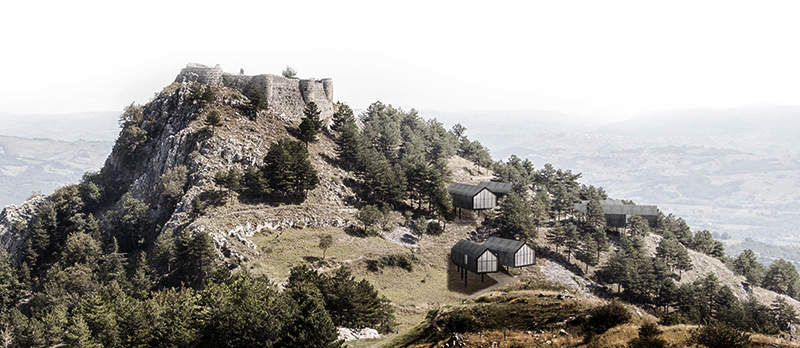 Young Architects Competitions in collaboration with Italian Government invited entries for the Castle Resort competition last year. Young architects and designers of different countries presented unique ideas for transforming the medieval Roccamandolfi castle into a one-of-a-kind holiday destination. Elias Terzitta and Eugenia Bordini of Italian design studio BSoD won the first prize of €10,000 for The Floating Hotel while Italian firms RGB and Vitia won 2nd and 3rd prizes, simultaneously. Every contestant came up with a unique idea but we are featuring the best entries from the competition below. The Floating Hotel by BSoD (1st Prize Winner) Members: Elias Terzitta, Eugenia Bordini Country: Italy This award-winning residential treehouse is elevated from the ground between trees and supported through a sturdy structure. Its design looks inspired from treehouse hotel that looks like floating in the mid air. To get best out of a mountain terrain, the treehouse façade has large glass windows that bring in loads of natural light and merge it with the surrounding area. Sightline by RGB (2nd Prize Winner) Members: Monica Bramanti, Stefano Gatti, Anna Rossi Country: Italy The design team proposed a pathway comprised of entertainment, accommodation and other elements molded into the surrounding landscape of the site. The design team wanted to create a connecting nature-filled pathway that visitors need to cross every time they are going to cabins and castle at the top. There will be black cabins and multi-functional units in between the pathway to the top for reading, relaxing and enjoying the panoramic views. Rest by Vitia (3rd Prize Winner) Members: Marco Testi, Sergio Vedovelli Country: Italy This concept revolves around creating tiny rest cabins where visitors can rest for a while and enjoy the mountain landscape. Over time, these cabins will dilapidate and become a shelter for shepherds and trekkers to the ancient Rocca. In near future, these cabins will also turn into ruins to match with the castle and the surrounding landscape. Pedestal bridge by Aida (Gold Mention Team) Members: Thibaut Etcheverry, Romain Gaillard Country: France In the mission to create a tourist spot, the design team proposed to make a lightweight pedestrian bridge around the fortress that offer exceptional points of view of the prehistoric building to visitors. It will be elevated using less number of supports in order to make less impact on the surrounding environment. Moreover, there will be adjustable prefab shelters for travelers to relax. A landscape of folds by EFesto (Gold Mention Team) Members: Gaia Cella, Gaspar Canepa, Juan Octavio Ferreyra, Aleksandra Lukianova Country: Mexico In this project, the design team proposed to create a meandering corridor that can be used to navigate through the resort. Along with the walking platform, there will be hotel rooms, library, and restaurant in deep serenity. The cabins are integrated into the landscape to offer tranquility without disturbing natural beauty of the site. Bulb-shaped cabins by Alessandro De Nigris (Gold Mention Team) Members: Alessandro De Nigris, Marco Ansalone Country: Italy This project tries to establish a relation between architecture and nature. The design team has thought of placing bulb-shaped structures all around the construction site so that visitors have full freedom to stay at desired locations. New Castle Resort by Gregory De Giacomi (Gold Mention Team) Members: Gregory De Giacomi Country: Italy The designer’s approach is to place main accommodations as a single recognizable building while Castle apartments, treehouse hotels, and tiny landscape hotels are meant to be hidden from the immediate sight so that guests have to search for them. A plinth and pavilion on the top are two simple additions to connect all things together with the ruined castle.