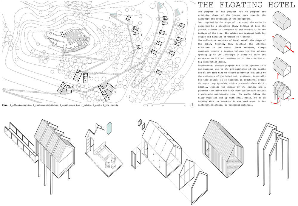 Young Architects Competitions in collaboration with Italian Government invited entries for the Castle Resort competition last year. Young architects and designers of different countries presented unique ideas for transforming the medieval Roccamandolfi castle into a one-of-a-kind holiday destination. Elias Terzitta and Eugenia Bordini of Italian design studio BSoD won the first prize of €10,000 for The Floating Hotel while Italian firms RGB and Vitia won 2nd and 3rd prizes, simultaneously. Every contestant came up with a unique idea but we are featuring the best entries from the competition below. The Floating Hotel by BSoD (1st Prize Winner) Members: Elias Terzitta, Eugenia Bordini Country: Italy This award-winning residential treehouse is elevated from the ground between trees and supported through a sturdy structure. Its design looks inspired from treehouse hotel that looks like floating in the mid air. To get best out of a mountain terrain, the treehouse façade has large glass windows that bring in loads of natural light and merge it with the surrounding area. Sightline by RGB (2nd Prize Winner) Members: Monica Bramanti, Stefano Gatti, Anna Rossi Country: Italy The design team proposed a pathway comprised of entertainment, accommodation and other elements molded into the surrounding landscape of the site. The design team wanted to create a connecting nature-filled pathway that visitors need to cross every time they are going to cabins and castle at the top. There will be black cabins and multi-functional units in between the pathway to the top for reading, relaxing and enjoying the panoramic views. Rest by Vitia (3rd Prize Winner) Members: Marco Testi, Sergio Vedovelli Country: Italy This concept revolves around creating tiny rest cabins where visitors can rest for a while and enjoy the mountain landscape. Over time, these cabins will dilapidate and become a shelter for shepherds and trekkers to the ancient Rocca. In near future, these cabins will also turn into ruins to match with the castle and the surrounding landscape. Pedestal bridge by Aida (Gold Mention Team) Members: Thibaut Etcheverry, Romain Gaillard Country: France In the mission to create a tourist spot, the design team proposed to make a lightweight pedestrian bridge around the fortress that offer exceptional points of view of the prehistoric building to visitors. It will be elevated using less number of supports in order to make less impact on the surrounding environment. Moreover, there will be adjustable prefab shelters for travelers to relax. A landscape of folds by EFesto (Gold Mention Team) Members: Gaia Cella, Gaspar Canepa, Juan Octavio Ferreyra, Aleksandra Lukianova Country: Mexico In this project, the design team proposed to create a meandering corridor that can be used to navigate through the resort. Along with the walking platform, there will be hotel rooms, library, and restaurant in deep serenity. The cabins are integrated into the landscape to offer tranquility without disturbing natural beauty of the site. Bulb-shaped cabins by Alessandro De Nigris (Gold Mention Team) Members: Alessandro De Nigris, Marco Ansalone Country: Italy This project tries to establish a relation between architecture and nature. The design team has thought of placing bulb-shaped structures all around the construction site so that visitors have full freedom to stay at desired locations. New Castle Resort by Gregory De Giacomi (Gold Mention Team) Members: Gregory De Giacomi Country: Italy The designer’s approach is to place main accommodations as a single recognizable building while Castle apartments, treehouse hotels, and tiny landscape hotels are meant to be hidden from the immediate sight so that guests have to search for them. A plinth and pavilion on the top are two simple additions to connect all things together with the ruined castle.