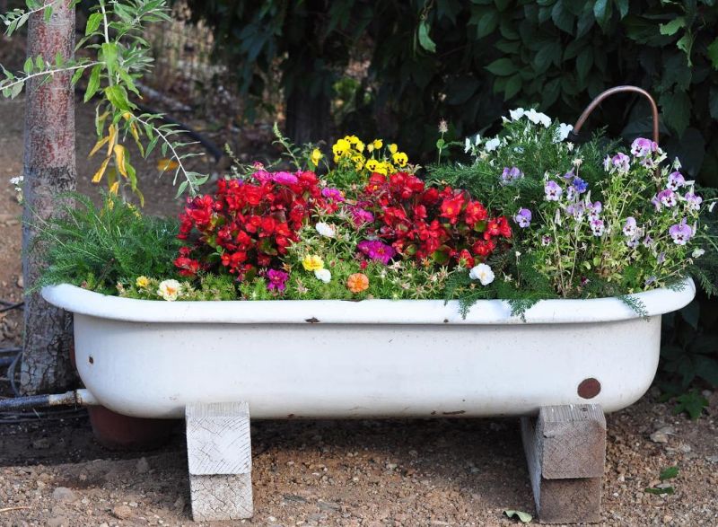 Old bathtub into garden planter