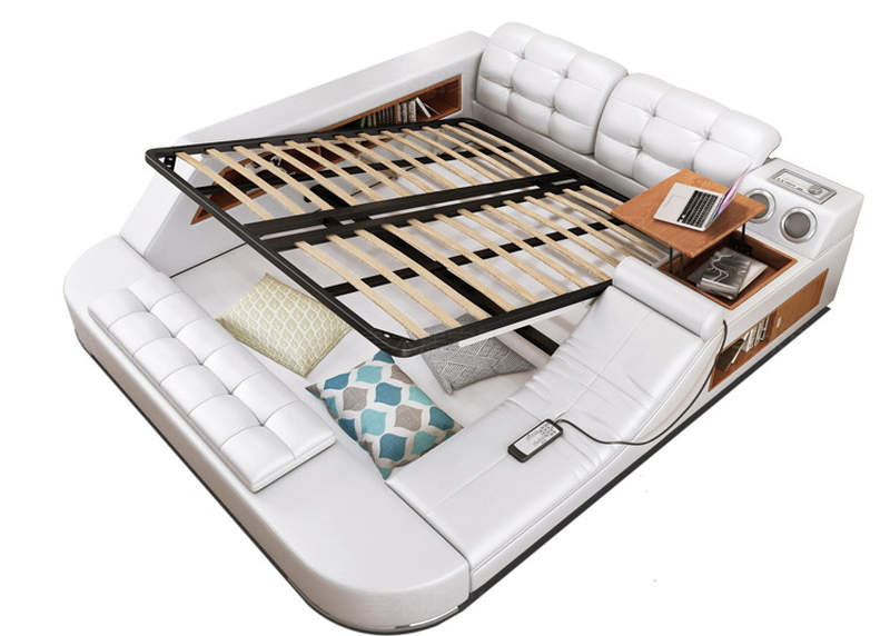 Tatami multimedia bed has built-in massage chair and pop-up table