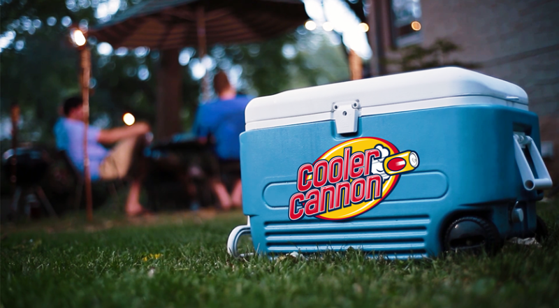 Portable beverage cooler that throws you a beer with the push of button