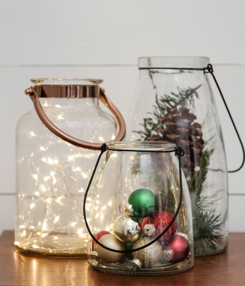Decorate with jars, bottles and glassware for Christmas