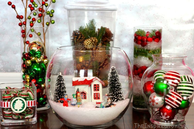 Decorate with jars, bottles and glassware for Christmas