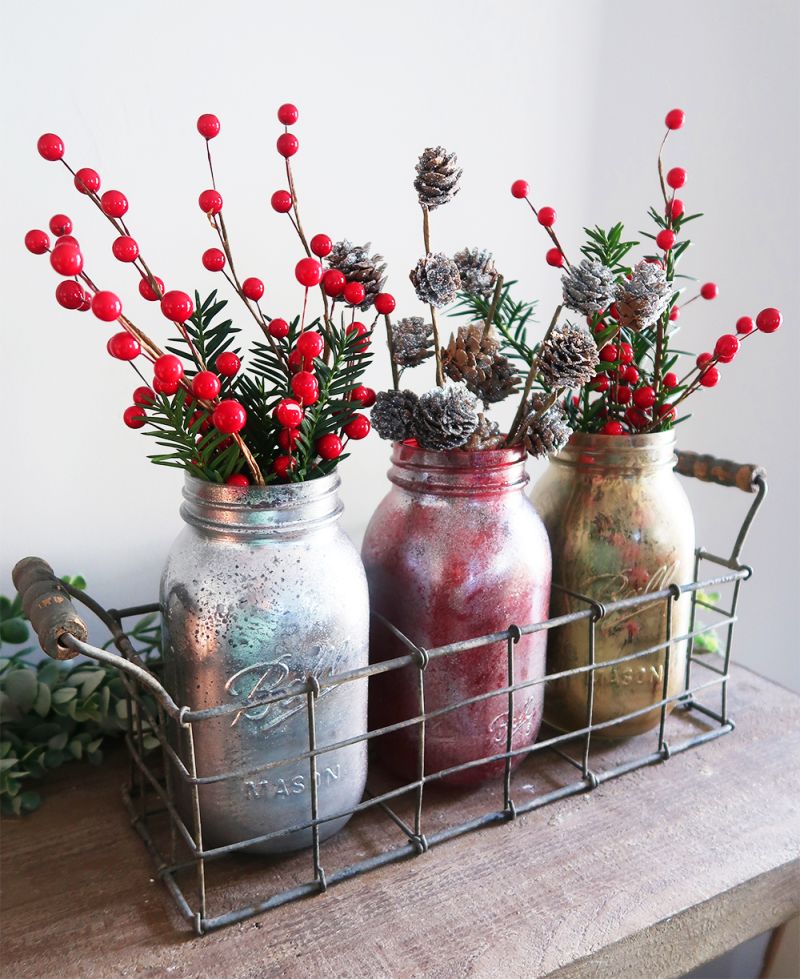 Decorate with jars, bottles and glassware for Christmas