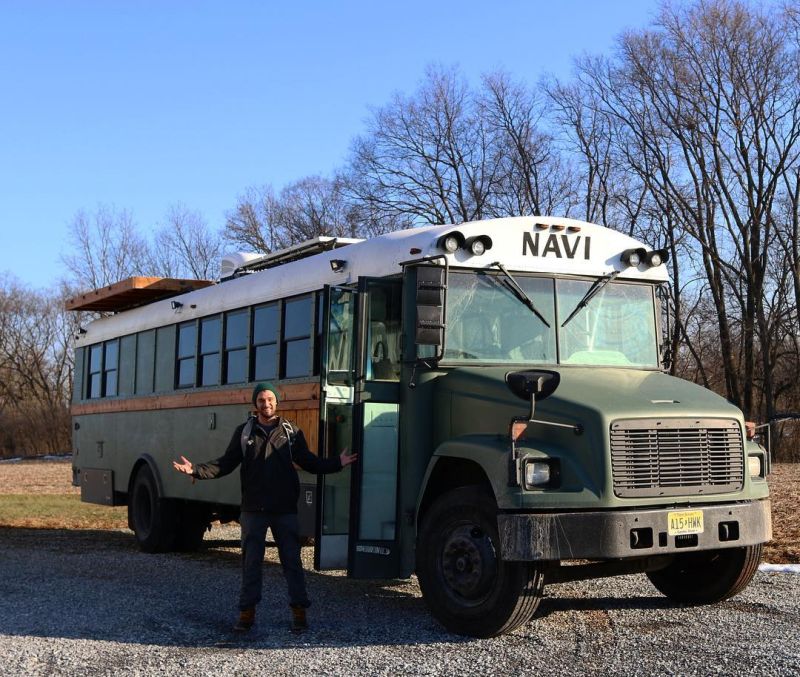 This converted school bus home with rooftop deck is perfect for life on the road 