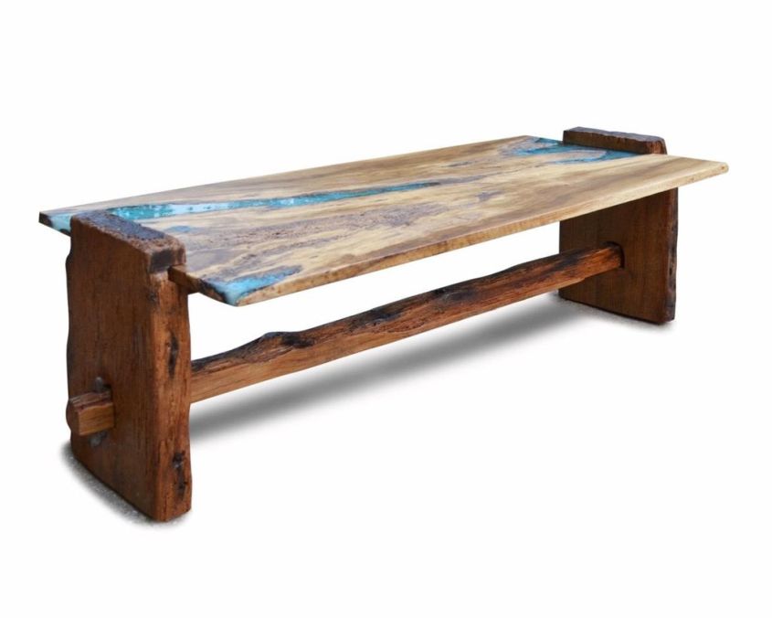 Live edge oak wood coffee table with turquoise inlay