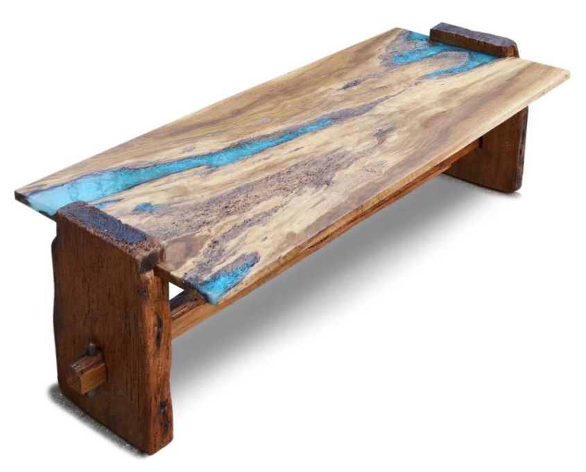 Live edge oak wood coffee table with turquoise inlay