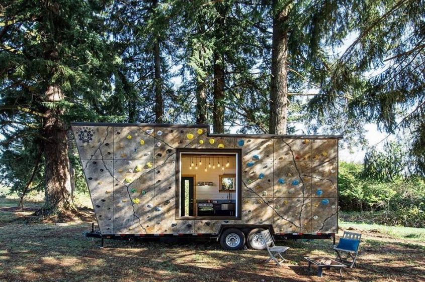 Tiny house on wheels with climbing wall