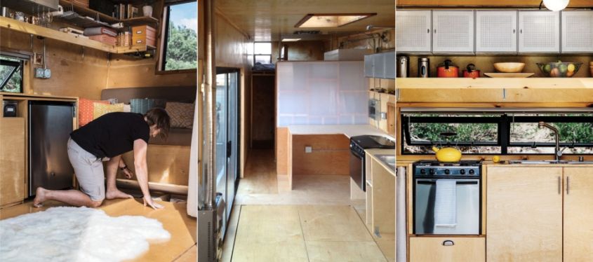 Woody tiny house on wheels Californian couple Brian and Joni Buzarde has built this tiny house in order to explore their passion for travel. Its walls are made of SIPs, while exteriors are clad in cedar. All interior sections including walls, flooring, ceiling and kitchen cabinets are made from birch-veneer plywood. 