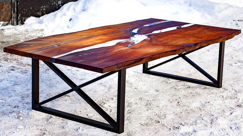 Hard Massive’s live edge dining table with epoxy resin inlay to look like river