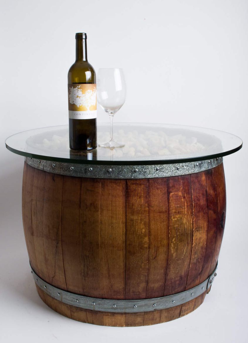 Wine barrel coffee table with glass top