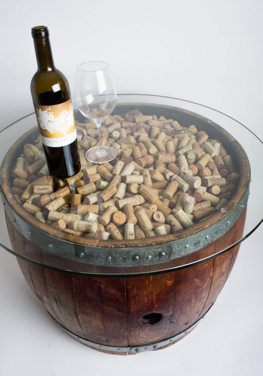 Wine barrel coffee table with glass top