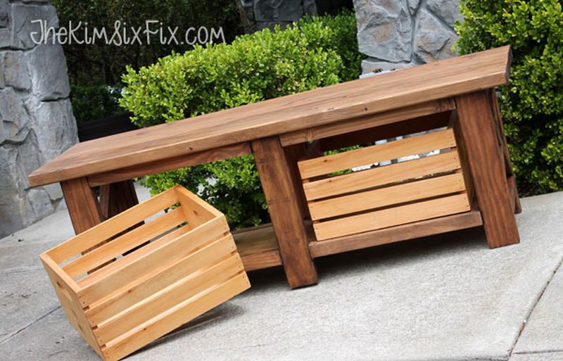 X-Leg Outdoor Wooden Bench with Crate Storage