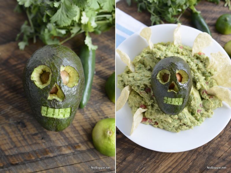 Avacado carving skull with paste for Halloween 