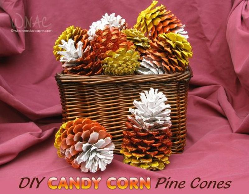 Candy Corn pine cones last minute halloween decoration  