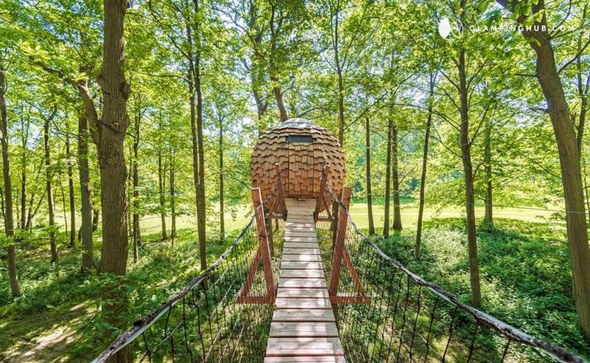 orb-shaped tree house near Senlis Cathedral in Raray, France