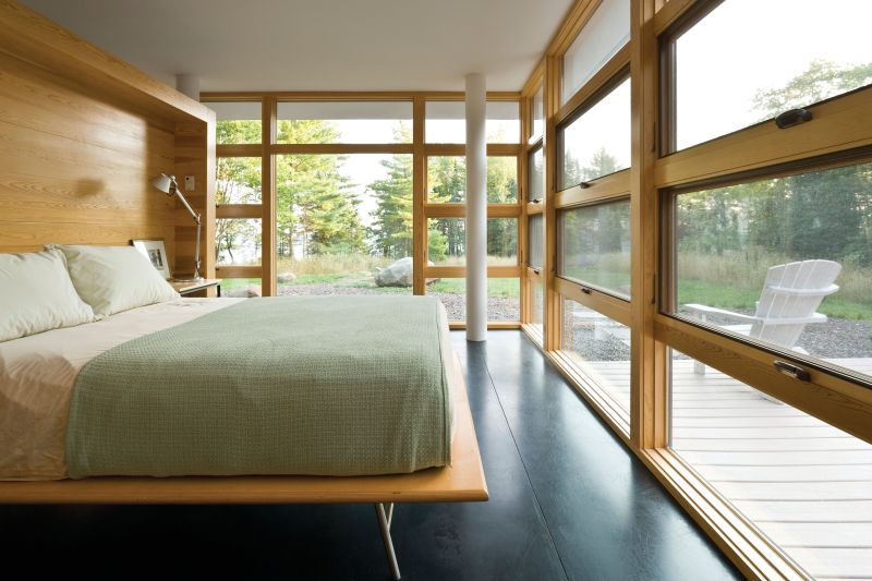 Modern wooden picture window in bedroom 