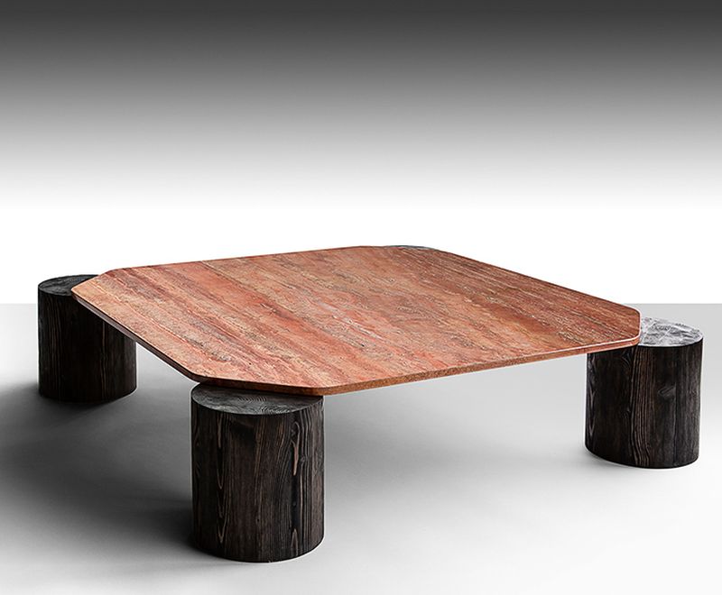 Coffee Table with Tree Trunk Legs & Verde Marble Top 