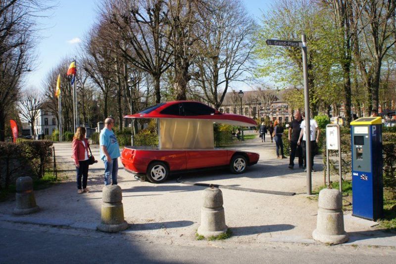 Red Fiat Coupe into Street Food Car