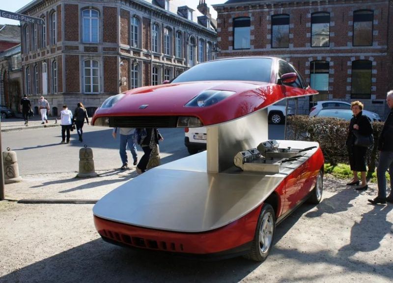 Red Fiat Coupe into Street Food Car