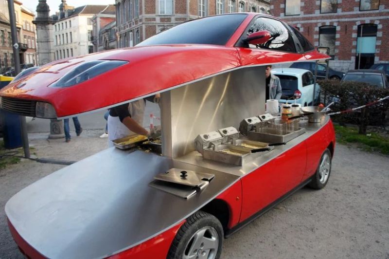 Red Fiat Coupe into Street Food Car