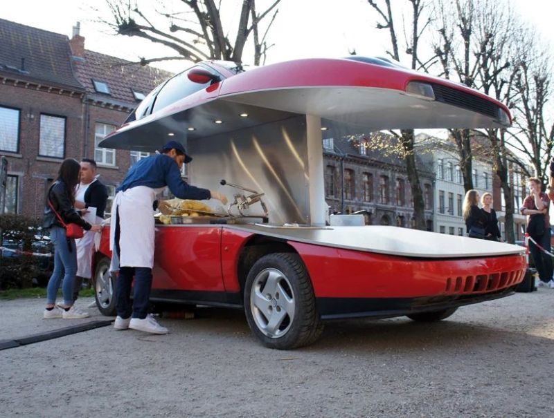 Red Fiat Coupe into Street Food Car