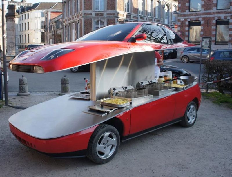 Red Fiat Coupe into Street Food Car