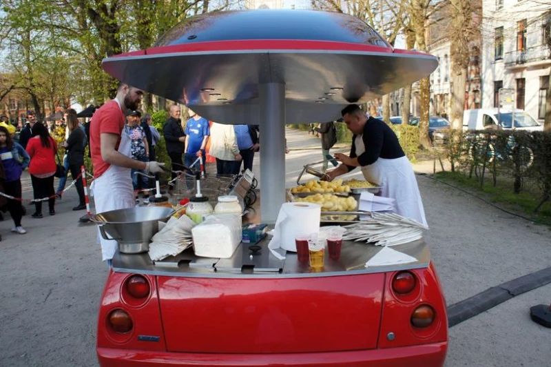 Red Fiat Coupe into Street Food Car