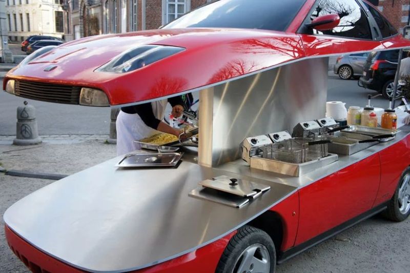 Red Fiat Coupe into Street Food Car