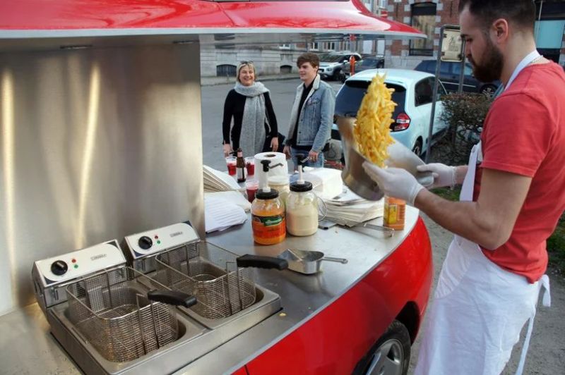 Red Fiat Coupe into Street Food Car