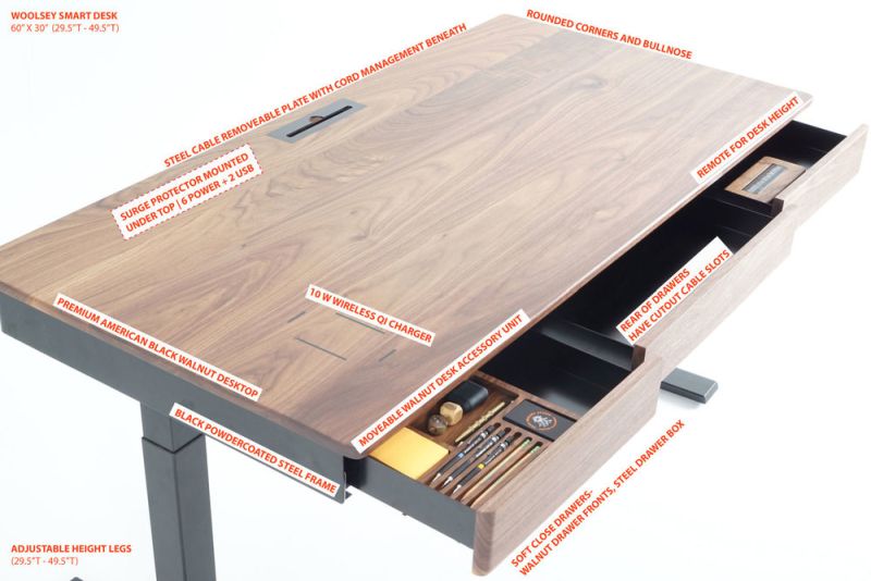 Woolsey Standing Desk with Three Drawers and Wireless Charging 