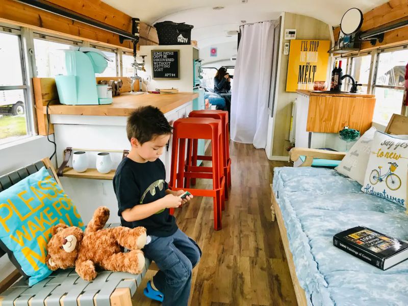 Apt84 is School bus Tiny house on Wheels hosts Tours, Events and Weddings
