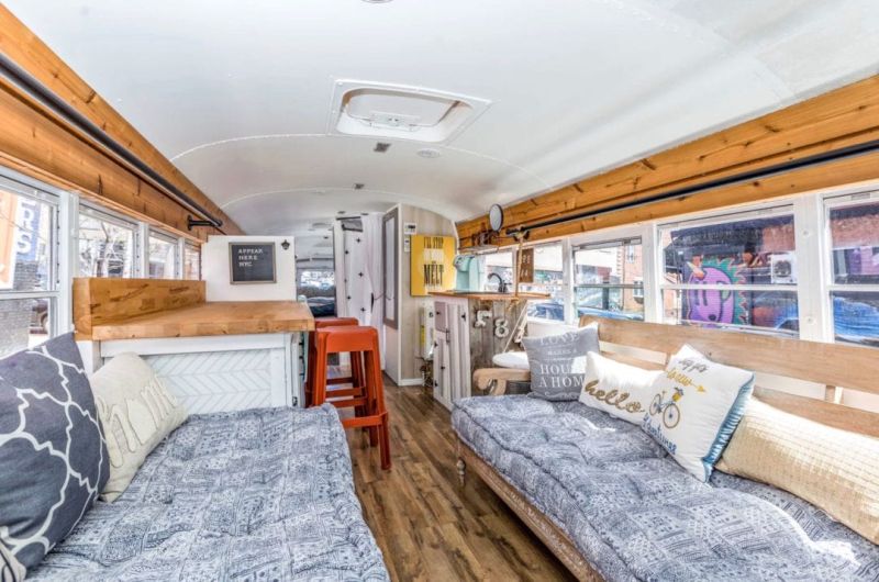 Apt84 is School bus Transformed into Tiny house on Wheels hosts Tours, Events and Weddings