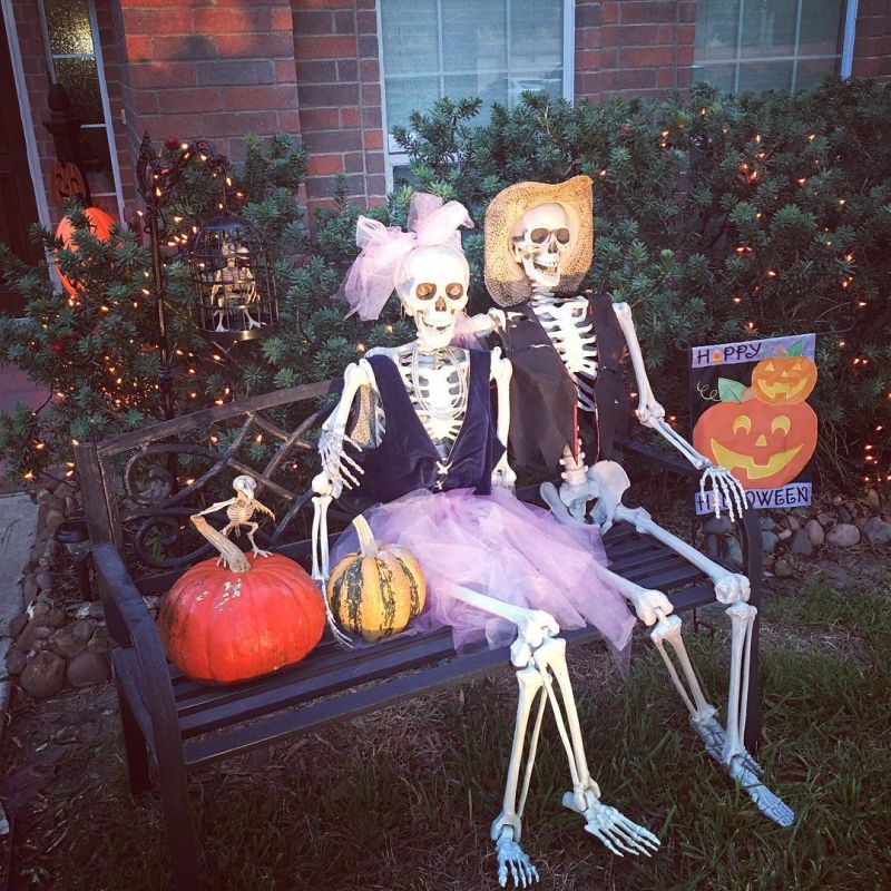 Skeleton resting on bench