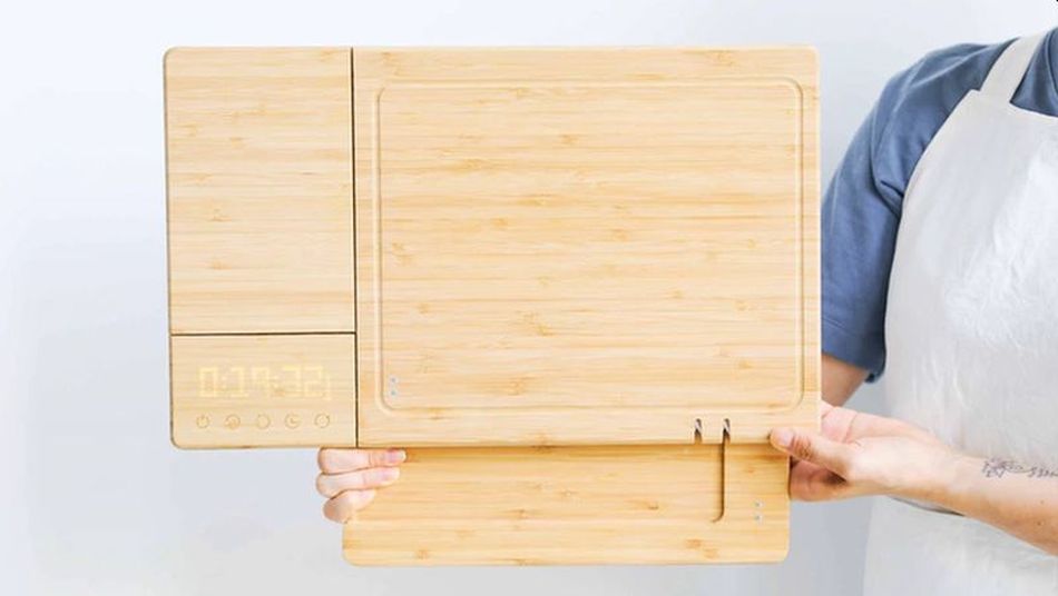 Image result for A smart cutting board with a built-in scale, timer, and knife sharpener