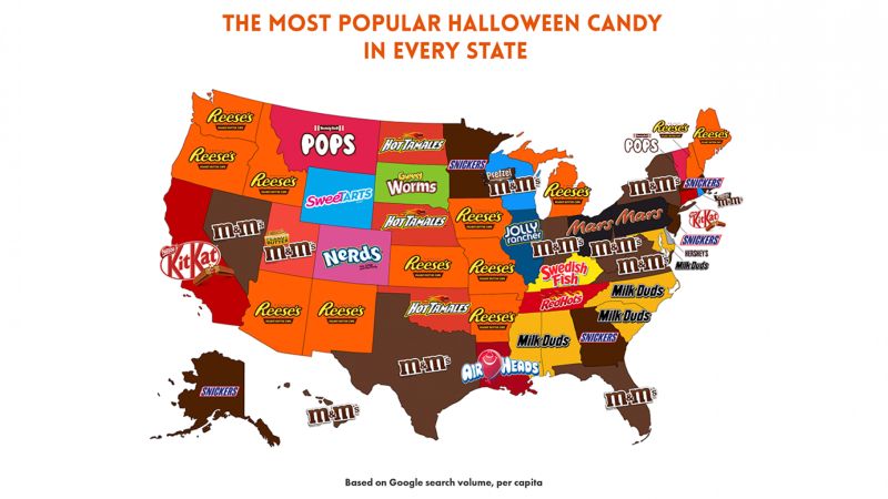 Map for most popular Halloween candy by Bid-on-Equipment