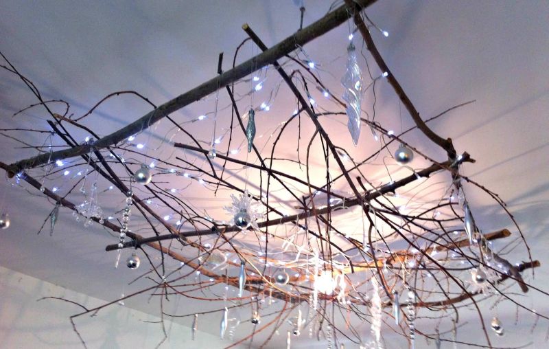 rustic chandelier from twigs and lights