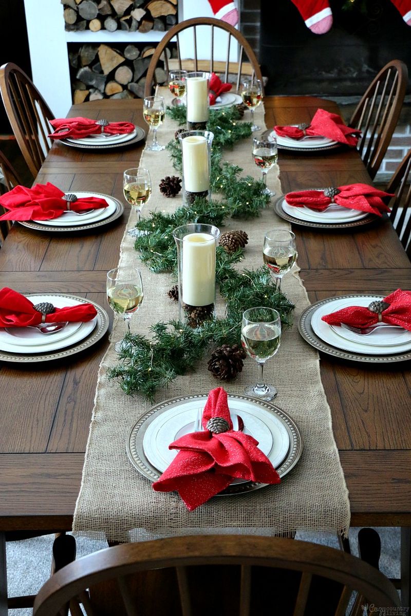 table setting with unique tableware and burlap table runner